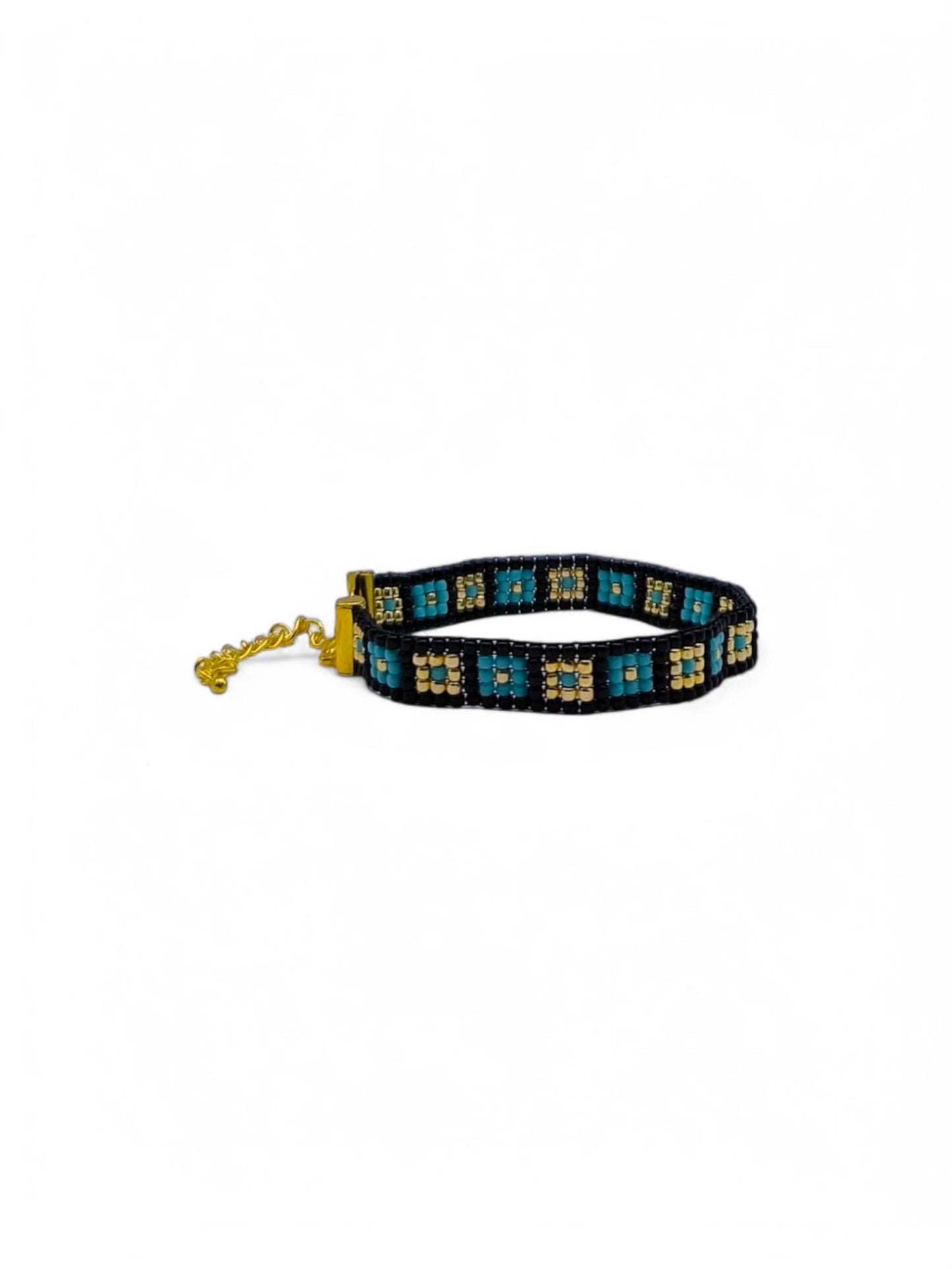 Bratara tesuta handmade Turquoise Square negru, albastru si auriu