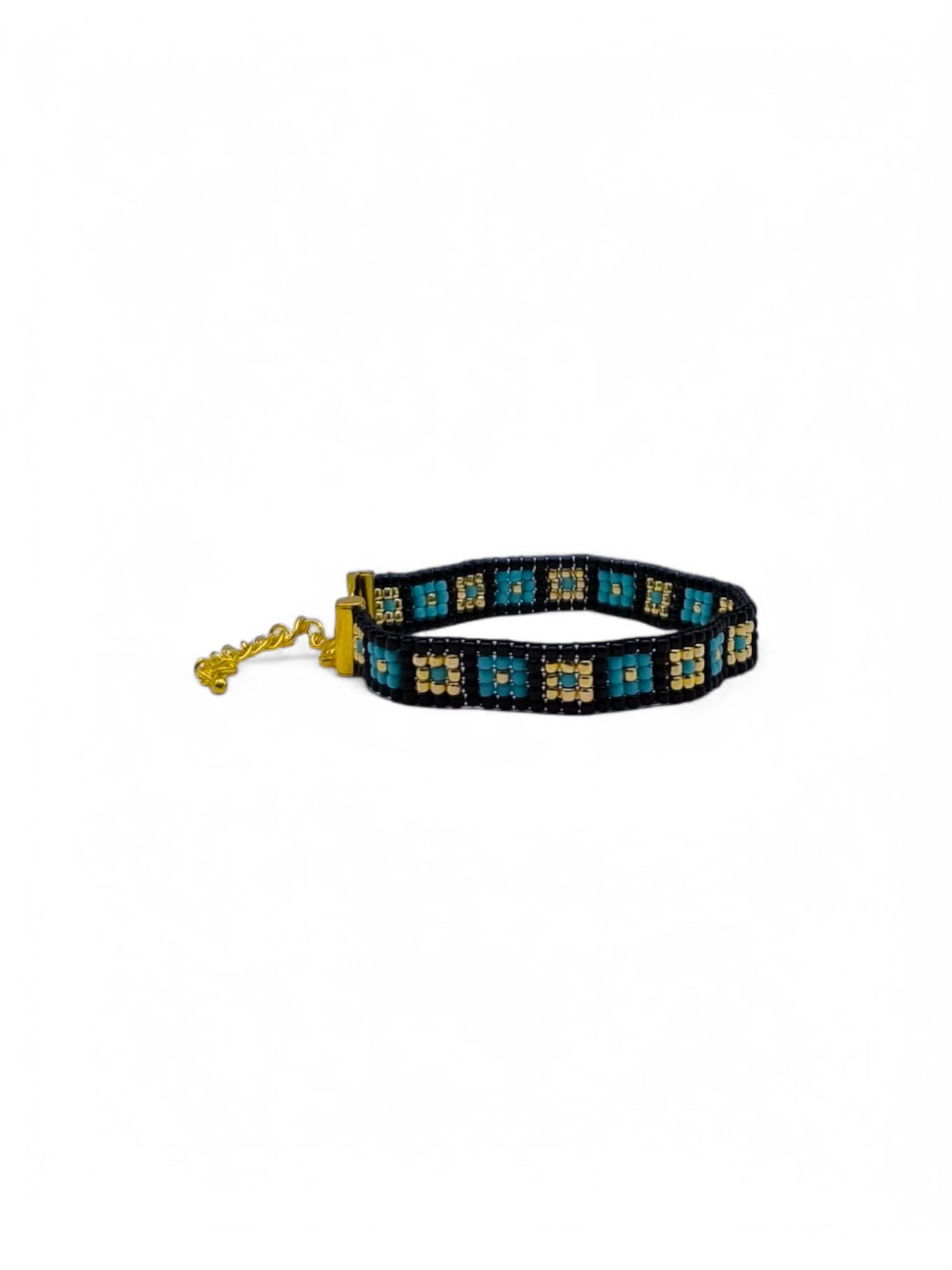 Bratara tesuta handmade Turquoise Square negru, albastru si auriu