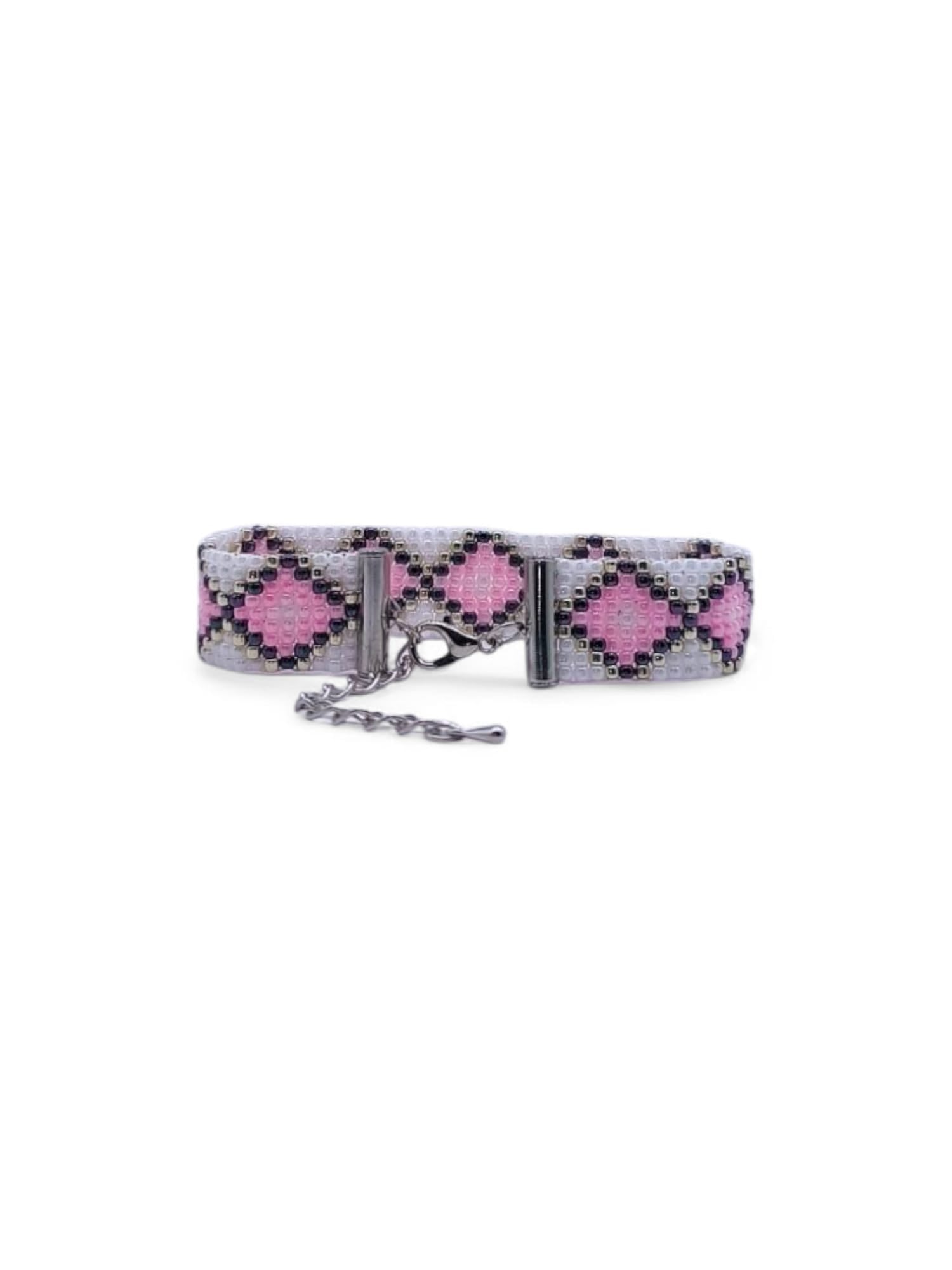 Bratara tesuta handmade Pink Diamond alb si roz