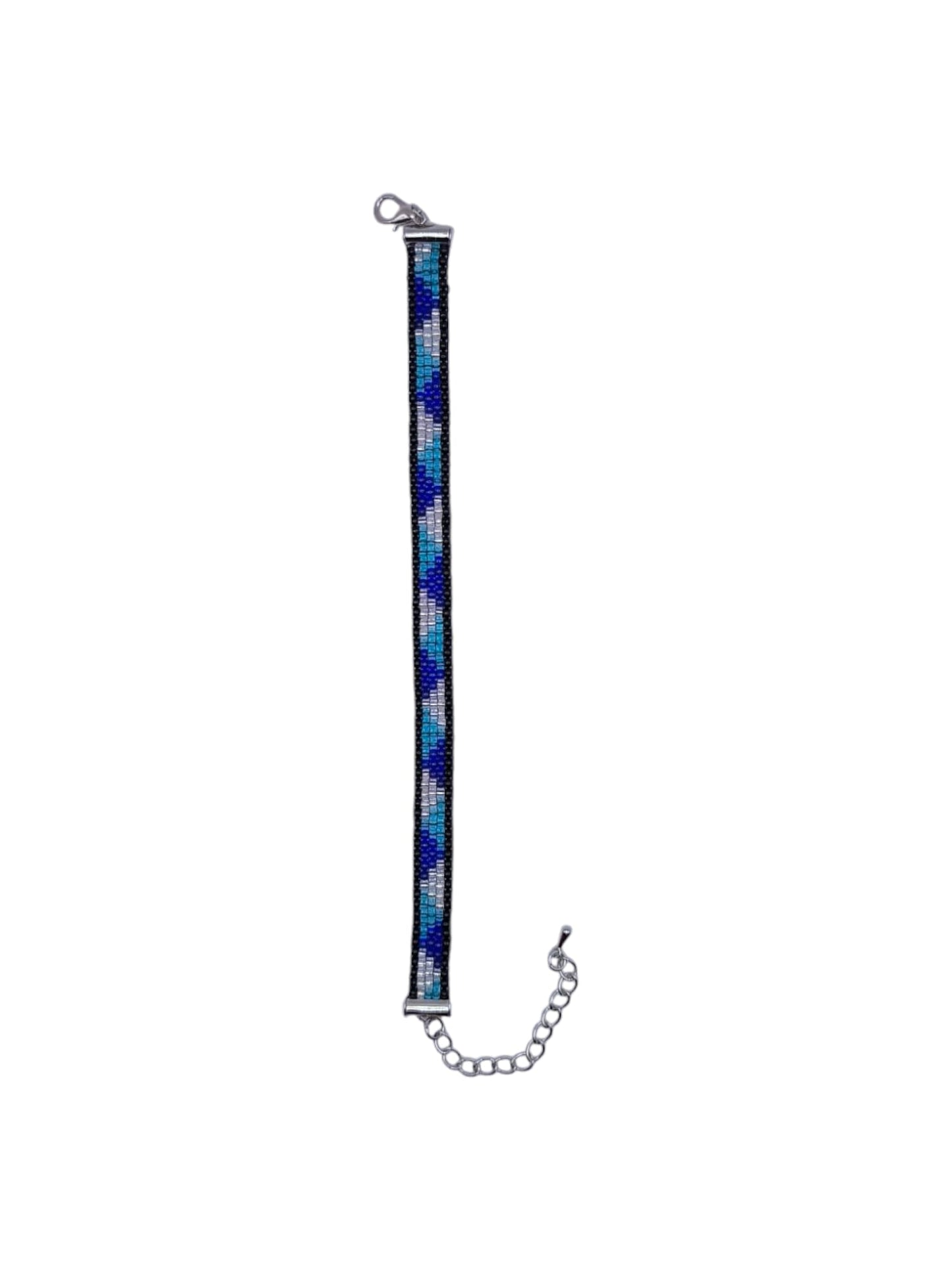 Bratara handmade tesuta Lined Aquamarine negru, albastru si argintiu