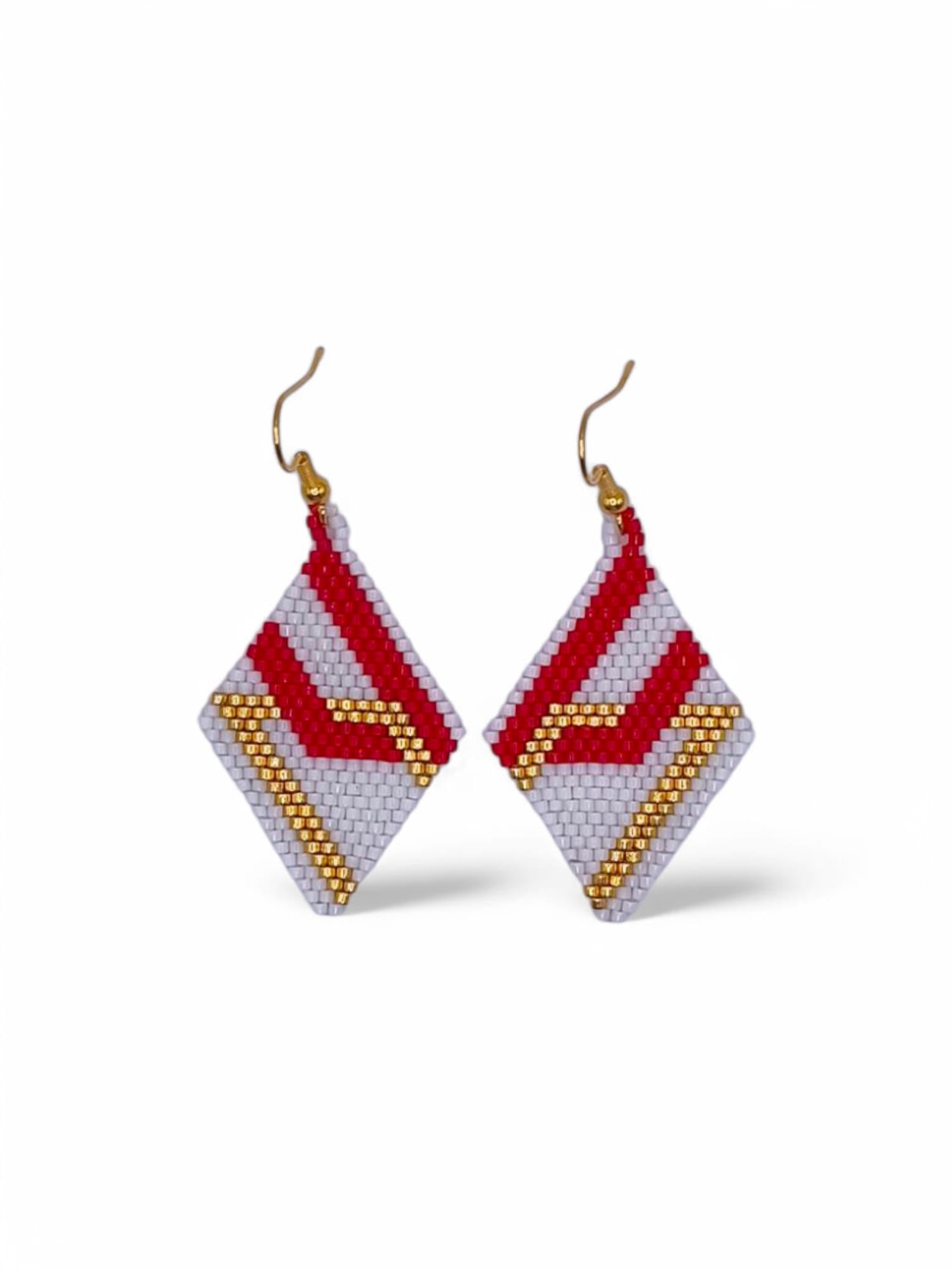 Cercei romb Cranberry White rosu alb si auriu