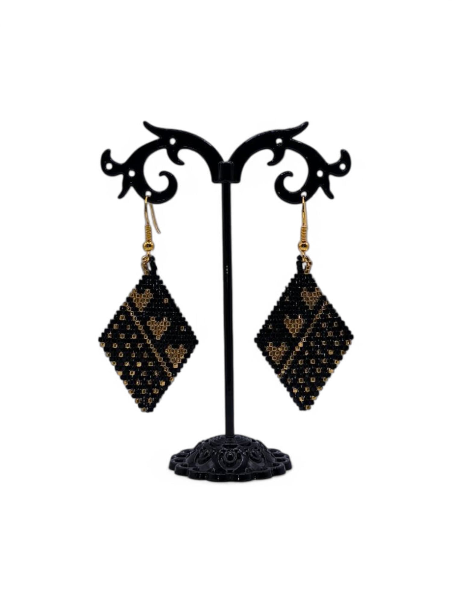 Cercei romb Black Love negru si auriu