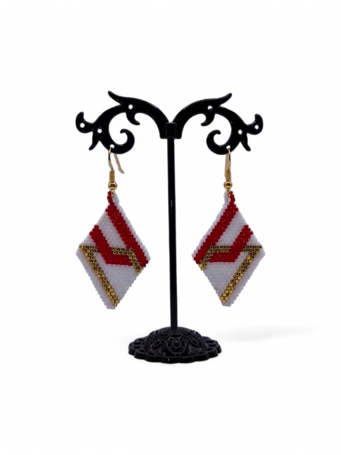 Cercei romb Cranberry White rosu alb si auriu