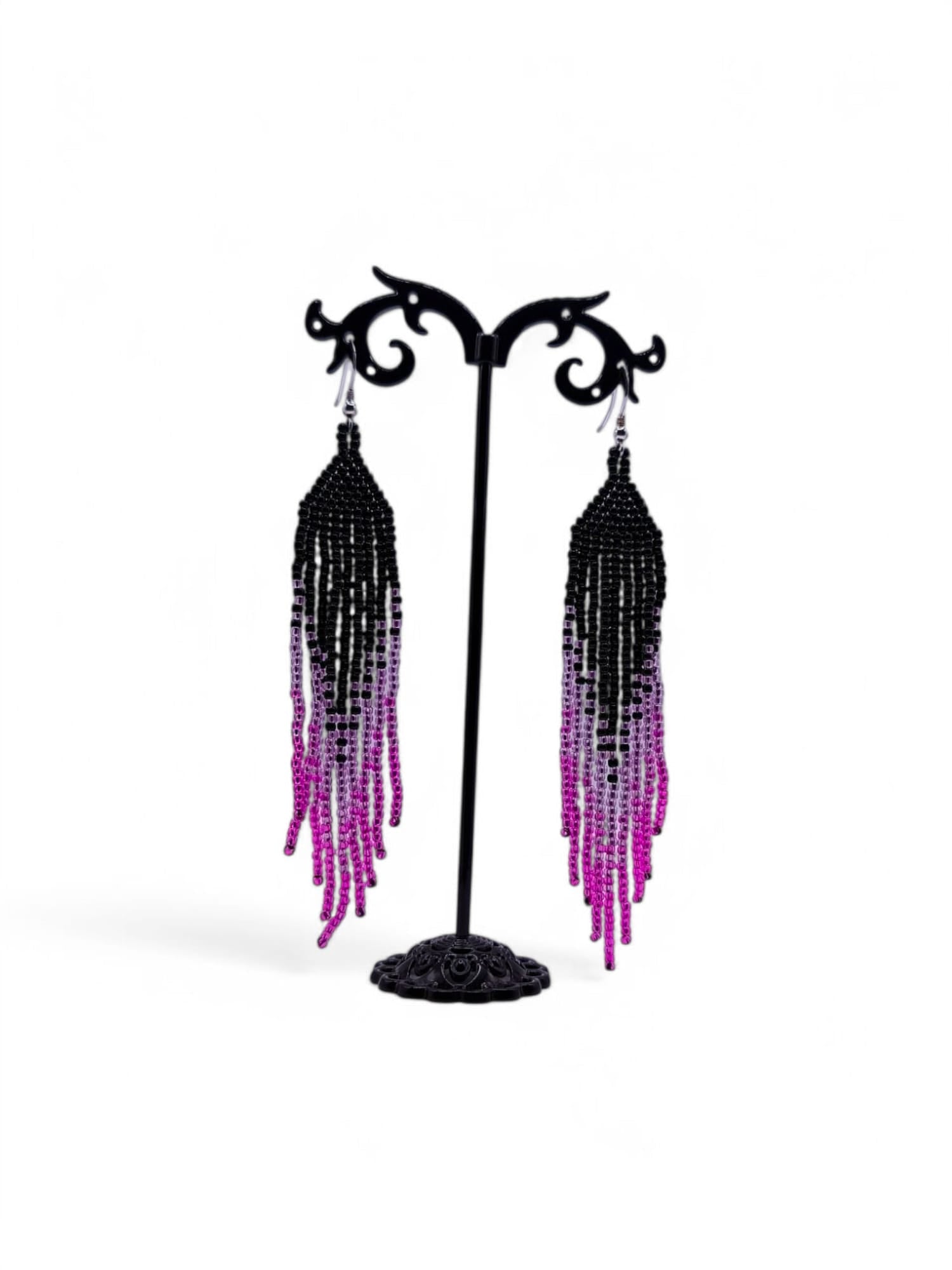 Cercei franjuri Pink Glow negru si roz