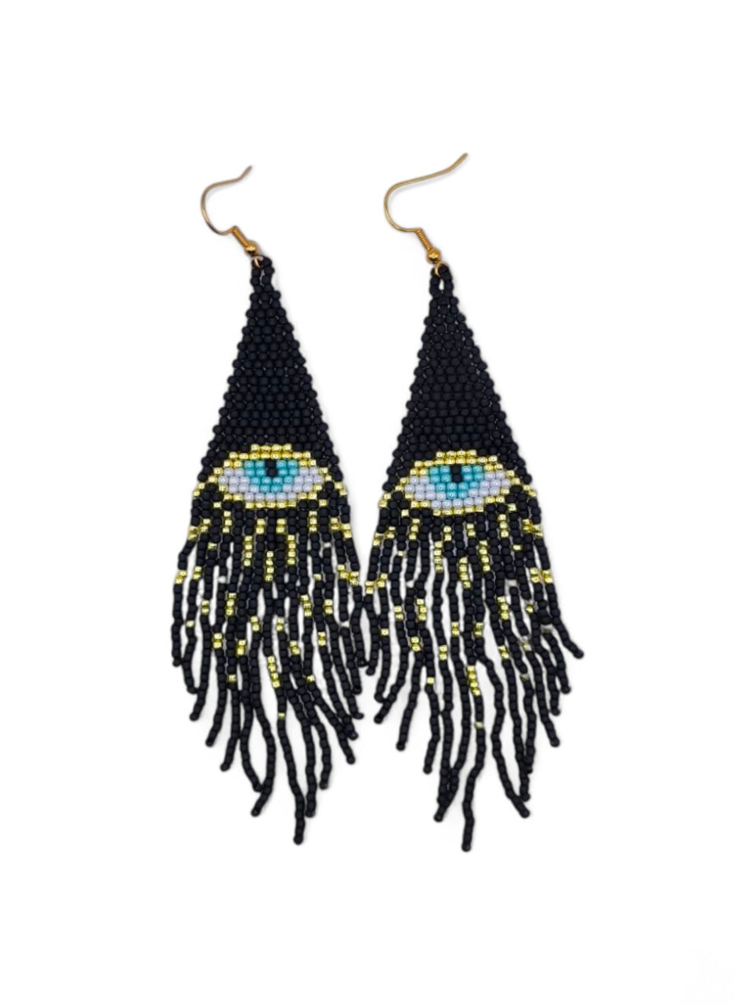 Cercei franjuri The Eye negri cu model ochi