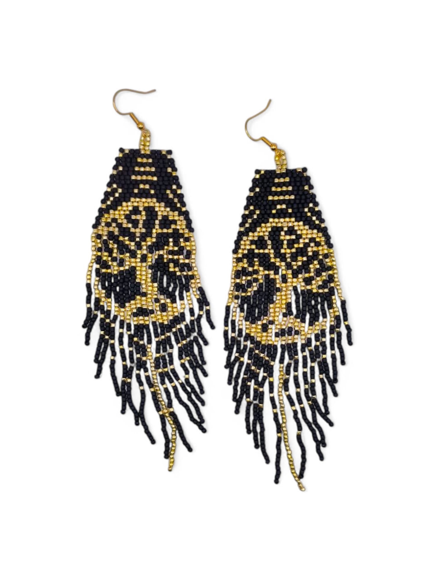 Cercei franjuri Tree of Life negru cu model copacul vietii auriu