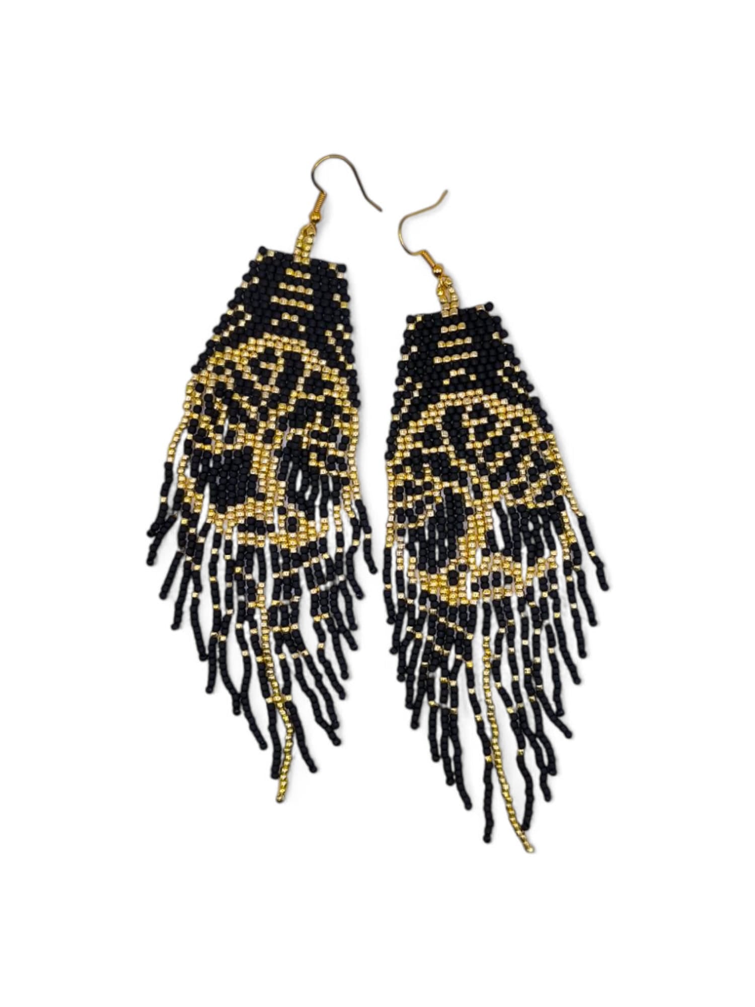 Cercei franjuri Tree of Life negru cu model copacul vietii auriu