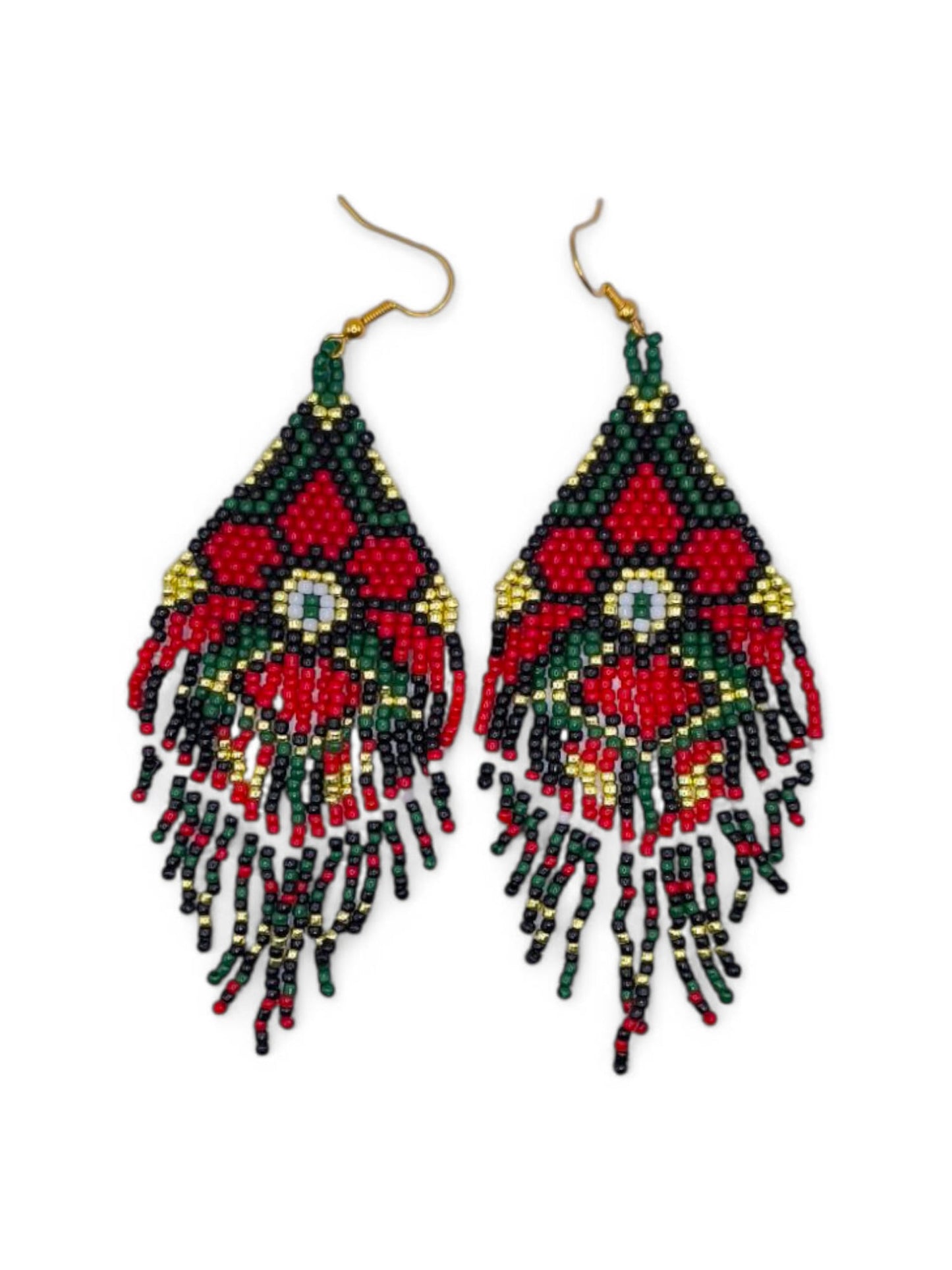 Cercei franjuri Wild Flower rosu cu verde, negru si auriu