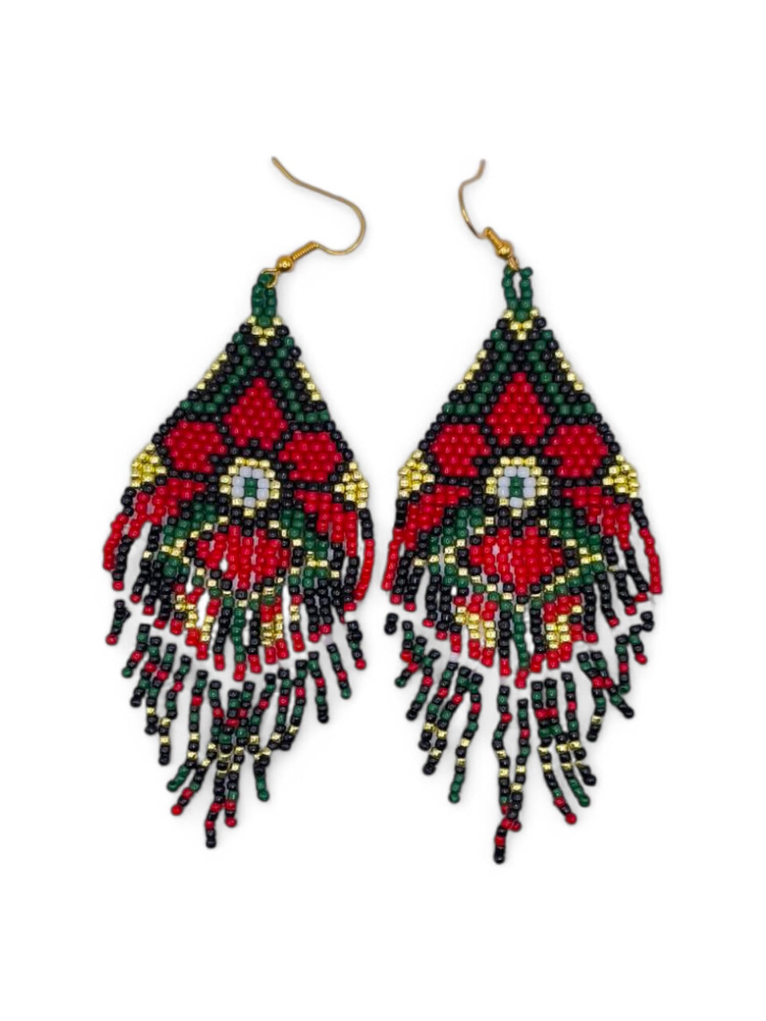 Cercei franjuri Wild Flower rosu cu verde, negru si auriu