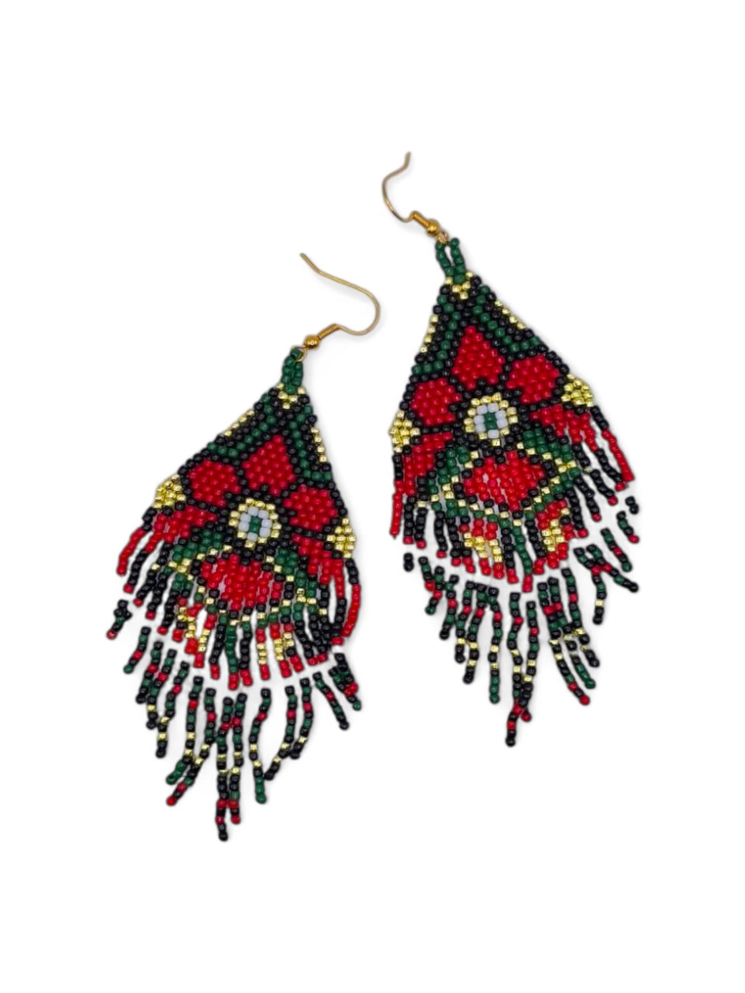 Cercei franjuri Wild Flower rosu cu verde, negru si auriu