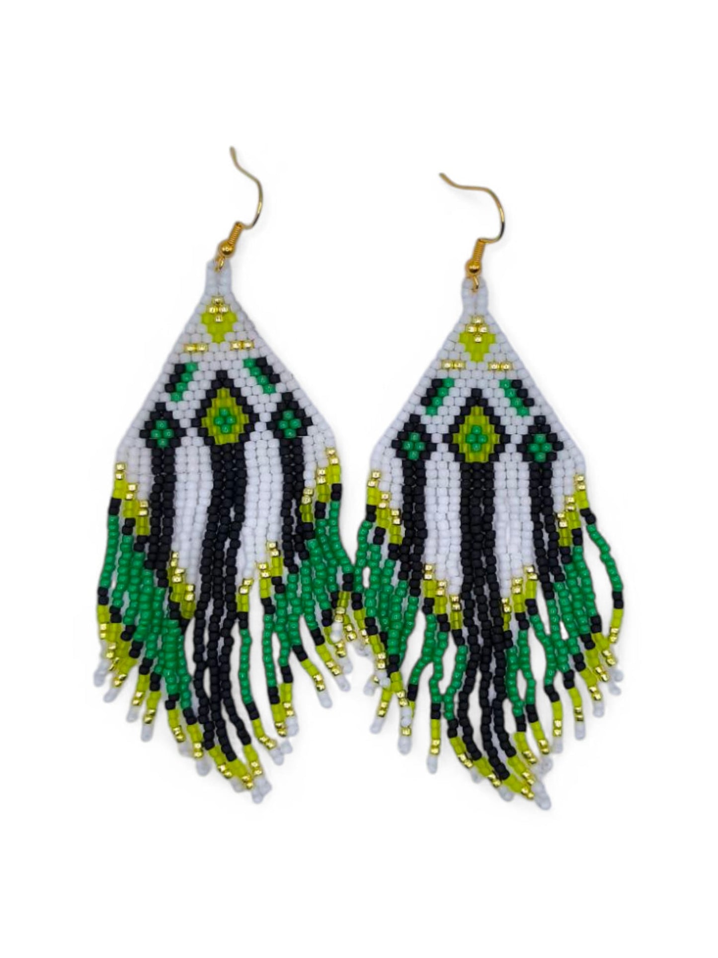 Cercei franjuri Shamrock Gold alb cu verde si negru