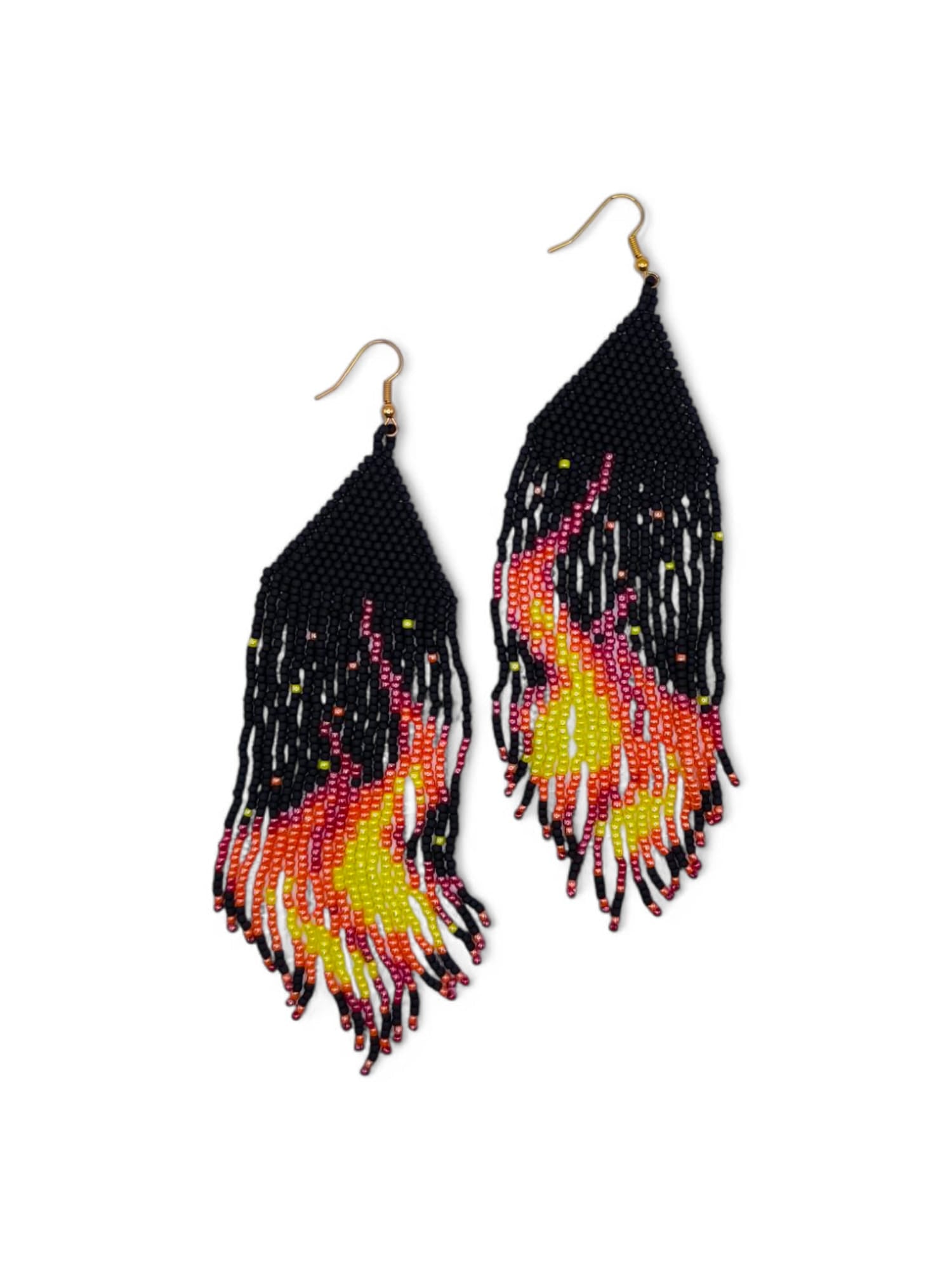 Cercei franjuri Firestarter negri cu model foc