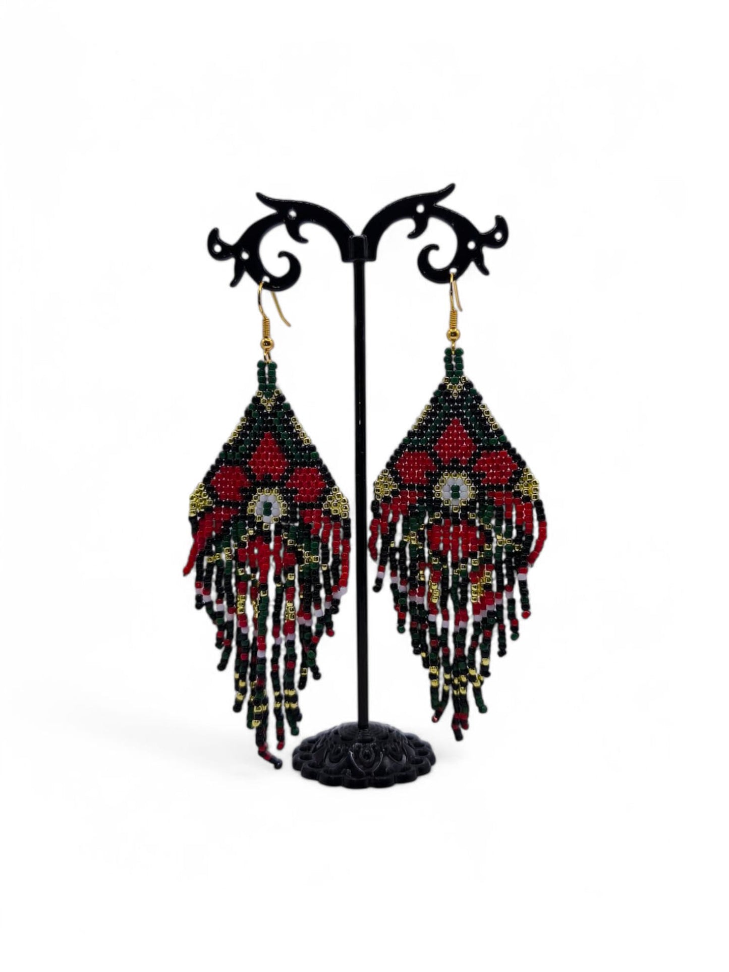 Cercei franjuri Wild Flower rosu cu verde, negru si auriu