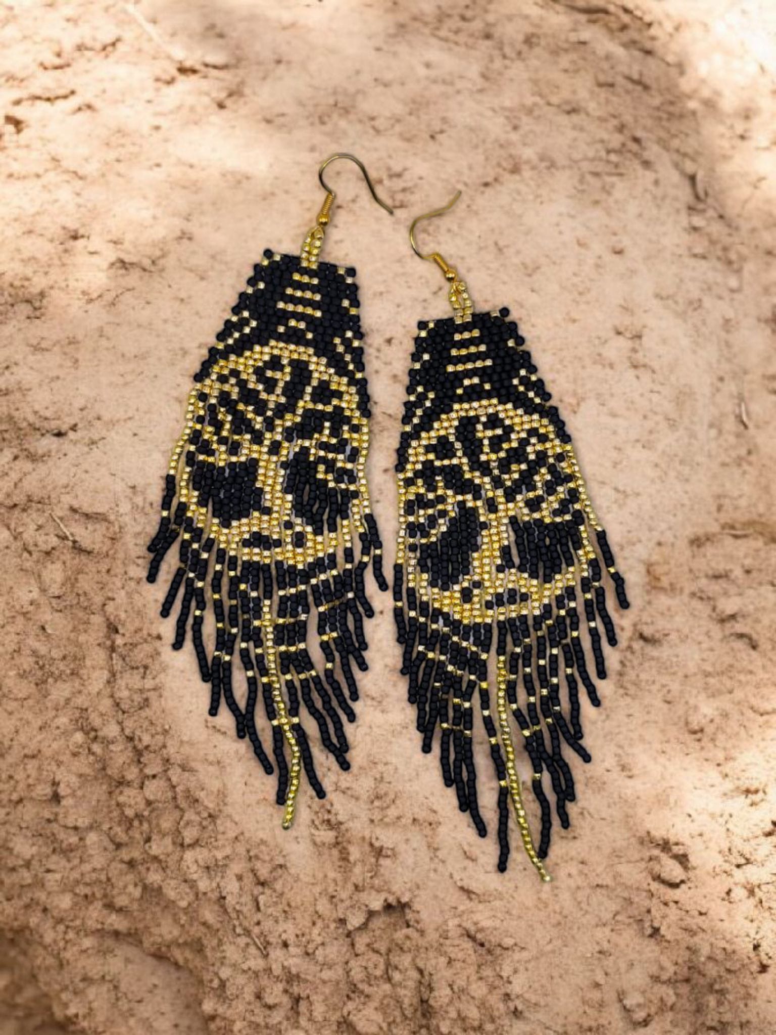 Cercei franjuri Tree of Life negru cu model copacul vietii auriu