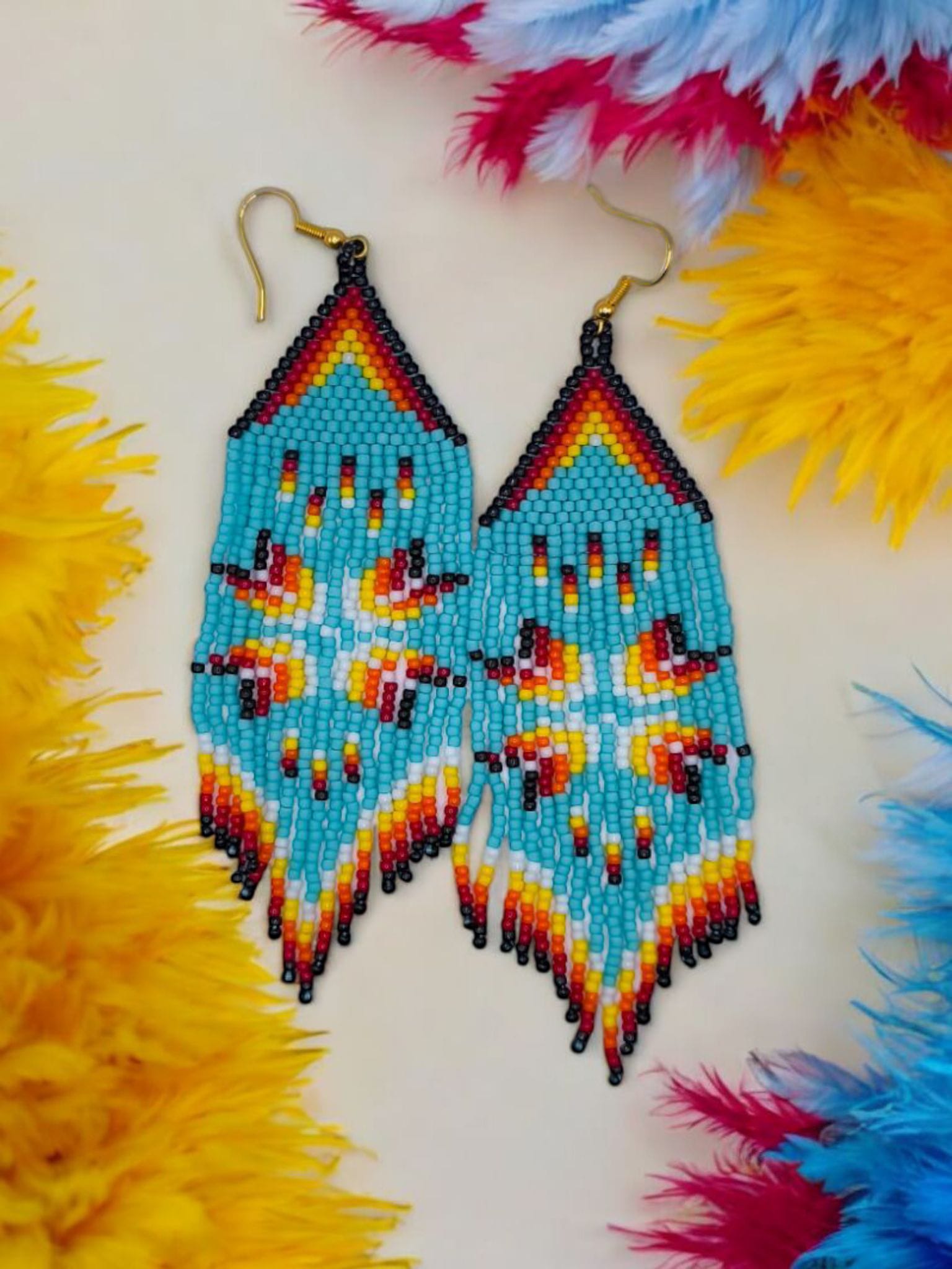 Cercei franjuri Frosted Feather albastri cu model traditional