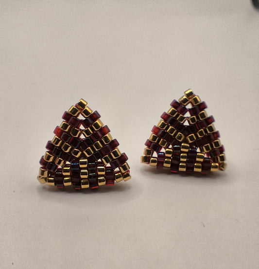 Cercei triunghi Miyuki visiniu si auriu