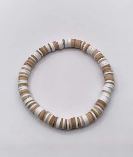 Bratara elastica Heishi alb, maro si crem