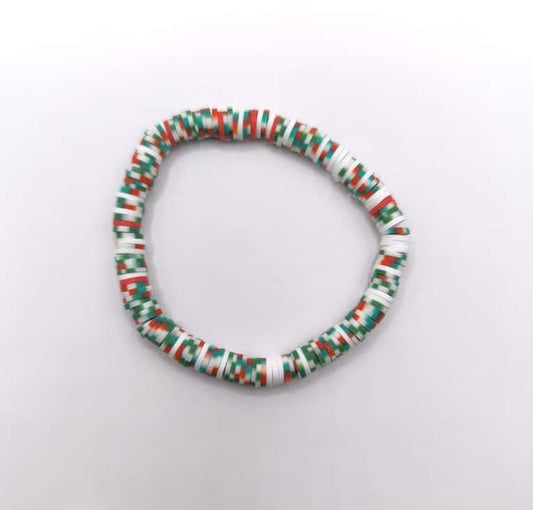 Bratara elastica Heishi verde, alb si rosu