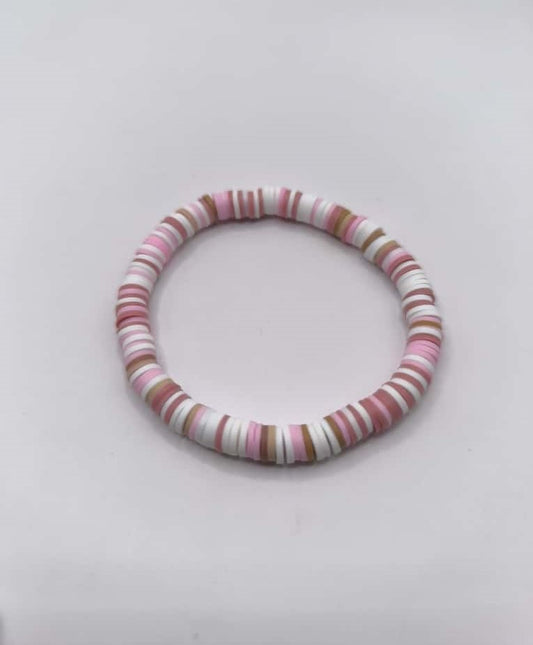 Bratara elastica Heishi alb, roz, roz inchis, maro si crem