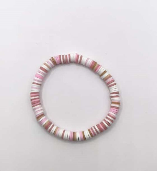 Bratara elastica Heishi alb, roz, roz inchis, maro si crem