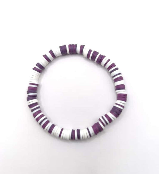 Bratara elastica Heishi alb si mov inchis