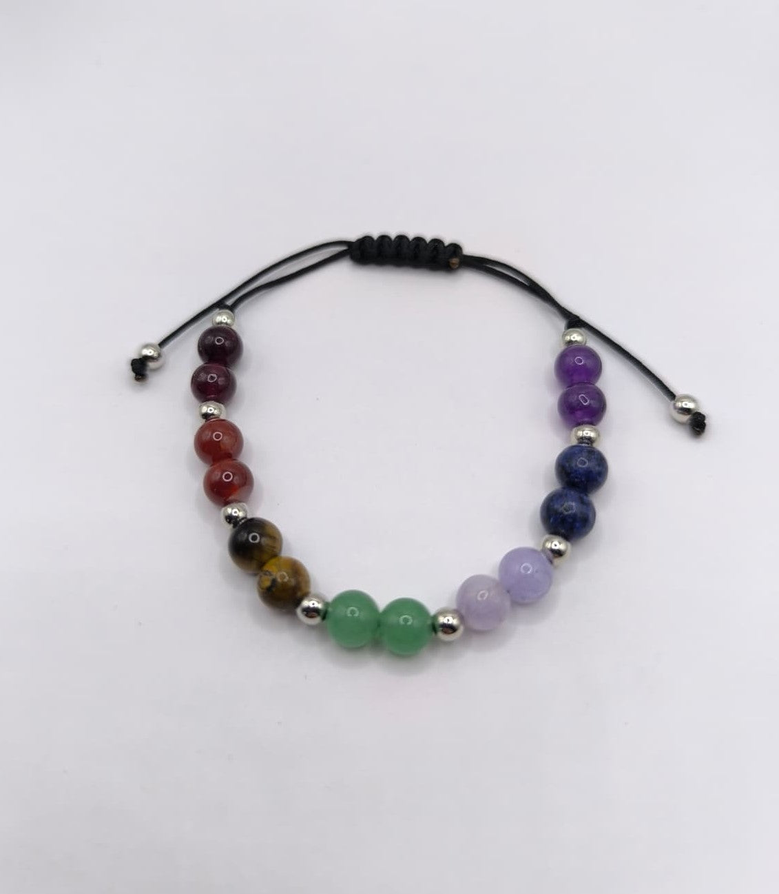 Bratara reglabila 7 Chakre – snur negru cu bilute argintii