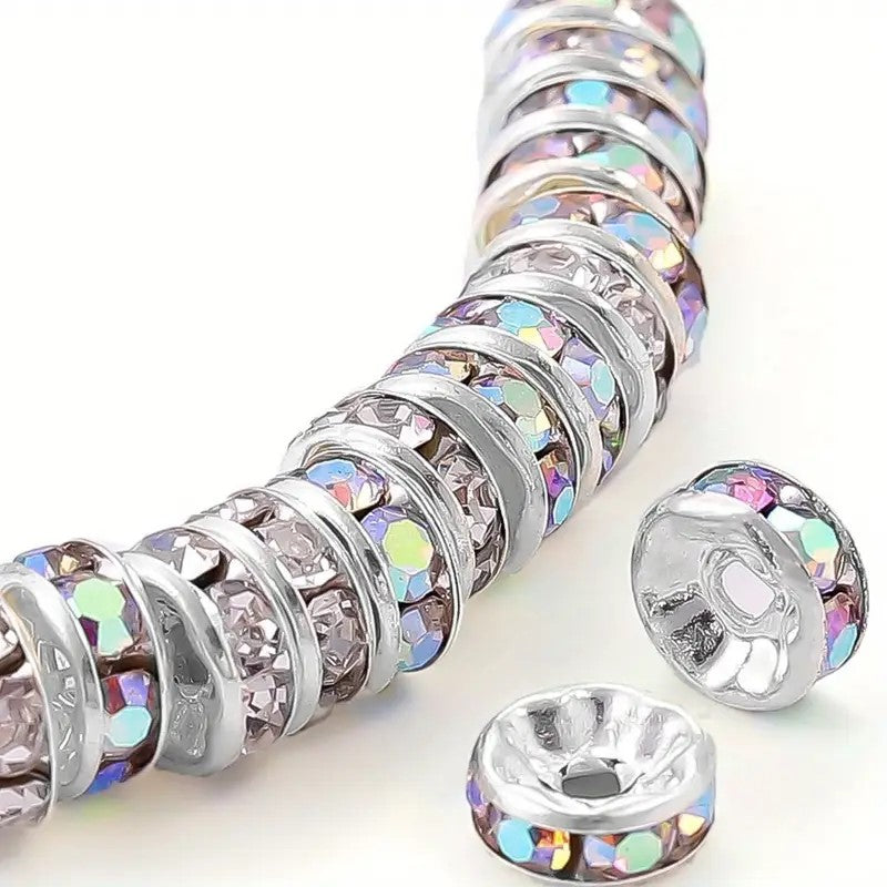 Distantiere rondele argintii cu strasuri multicolor 8x3mm