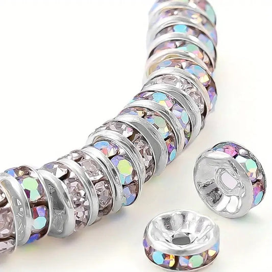 Distantiere rondele argintii cu strasuri multicolor 8x3mm