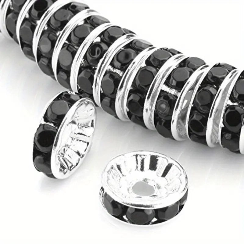 Distantiere rondele argintii cu strasuri negre 8x3mm