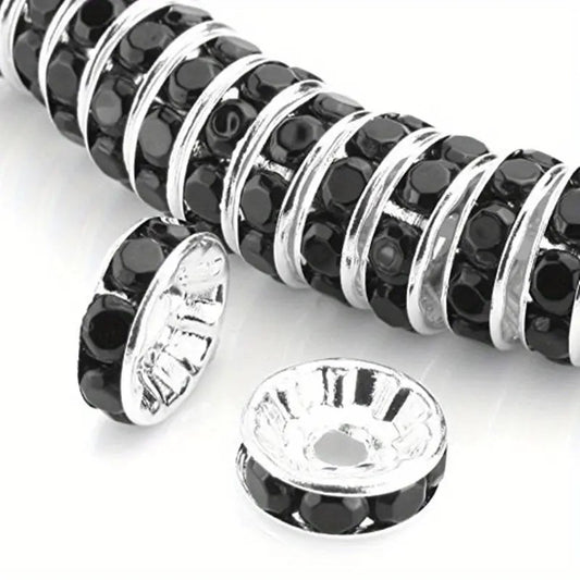 Distantiere rondele argintii cu strasuri negre 8x3mm