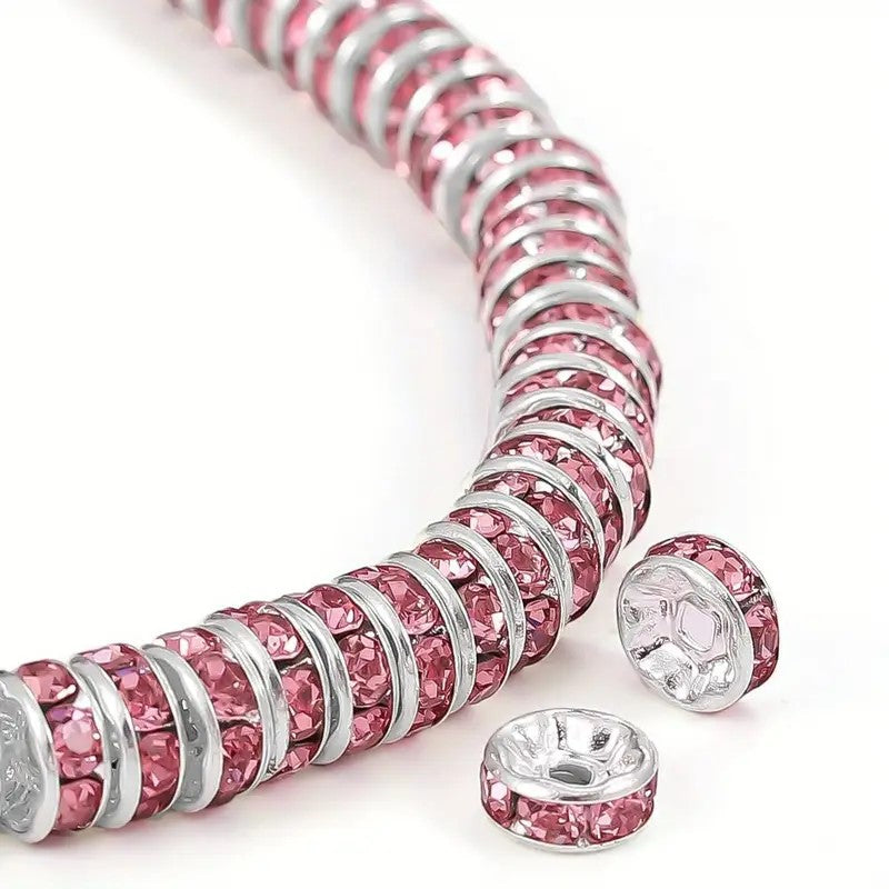 Distantiere rondele argintii cu strasuri roz 6x2mm