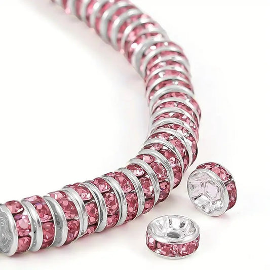 Distantiere rondele argintii cu strasuri roz 6x2mm