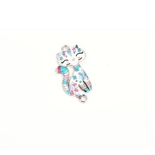 Link pisica argintiu inchis cu email printat roz deschis 30x16mm