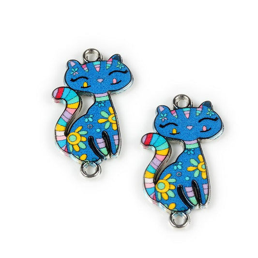 Link pisica argintiu inchis cu email printat albastru 30x16mm