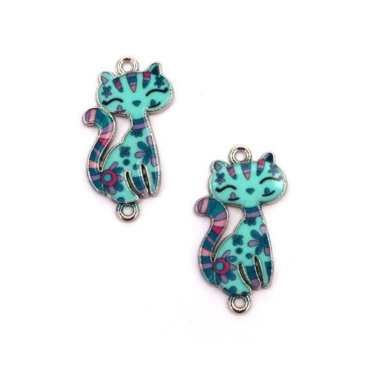 Link pisica argintiu inchis cu email printat albastru deschis 30x16mm