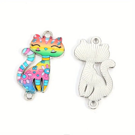 Link pisica argintiu inchis cu email printat curcubeu 30x16mm