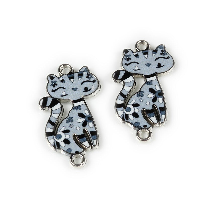 Link pisica argintiu inchis cu email printat gri 30x16mm