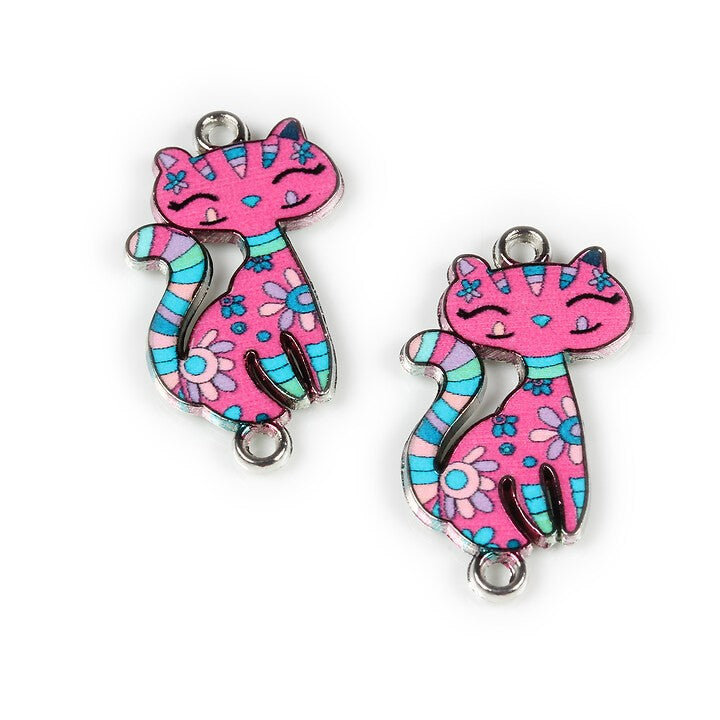 Link pisica argintiu inchis cu email printat roz 30x16mm