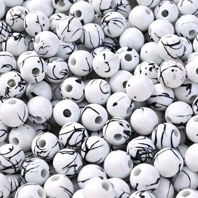 Margele acrilice 8mm alb pictat cu negru