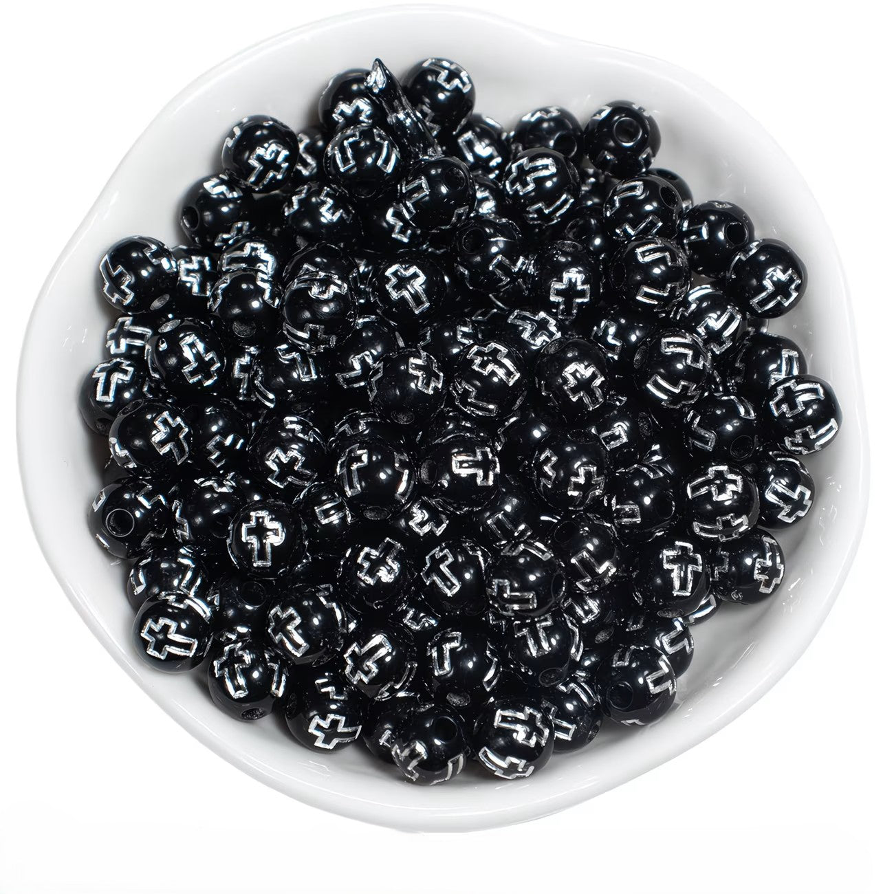 Margele acrilice 8mm negru cu model cruce argintiu