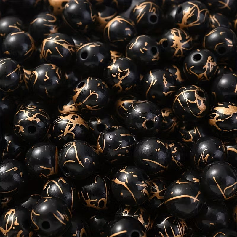 Margele acrilice 8mm negru pictat cu auriu