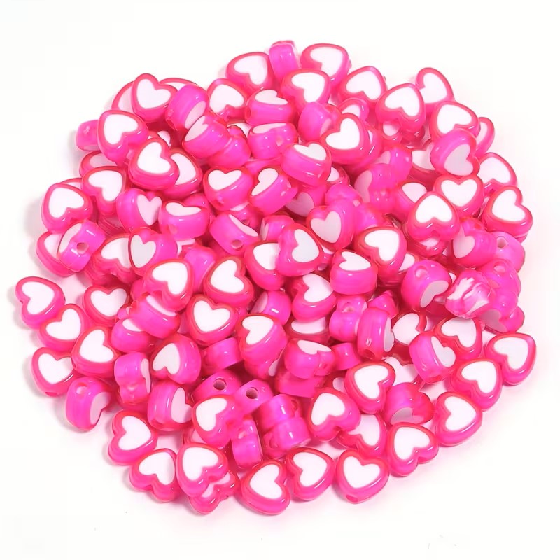 Margele acrilice inima 8mm fucsia si alb