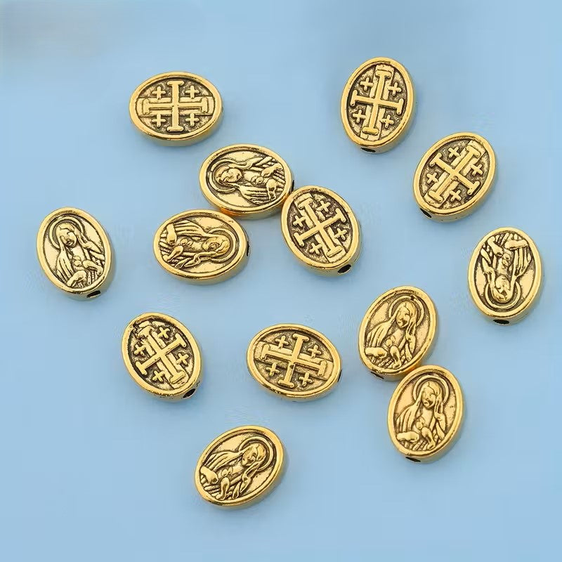 Margele metalice ovale Fecioara Maria si cruce 10x8mm auriu
