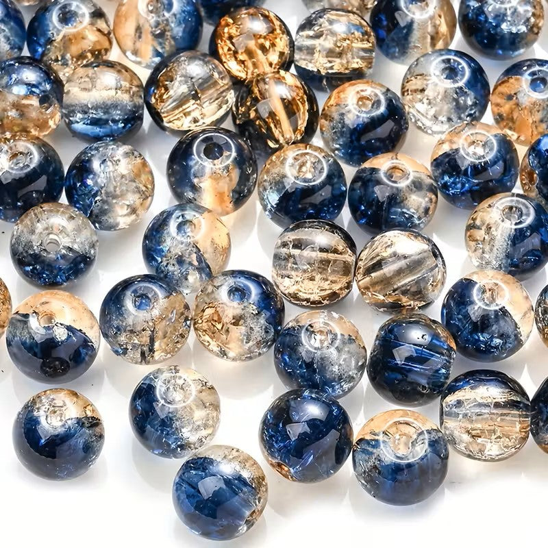 Margele sticla crackle 8mm albastru inchis si galben