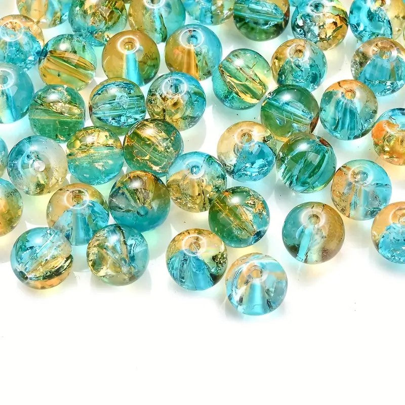 Margele sticla crackle 8mm albastru si auriu