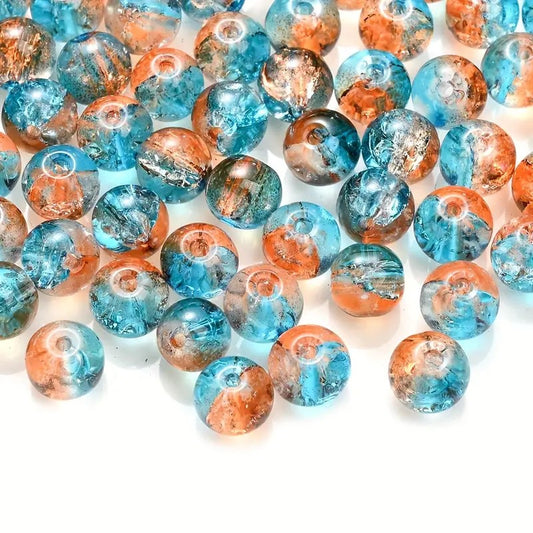 Margele sticla crackle 8mm albastru si portocaliu