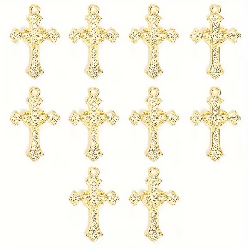 Pandantiv cruce si inima cu cristale 28x18mm auriu