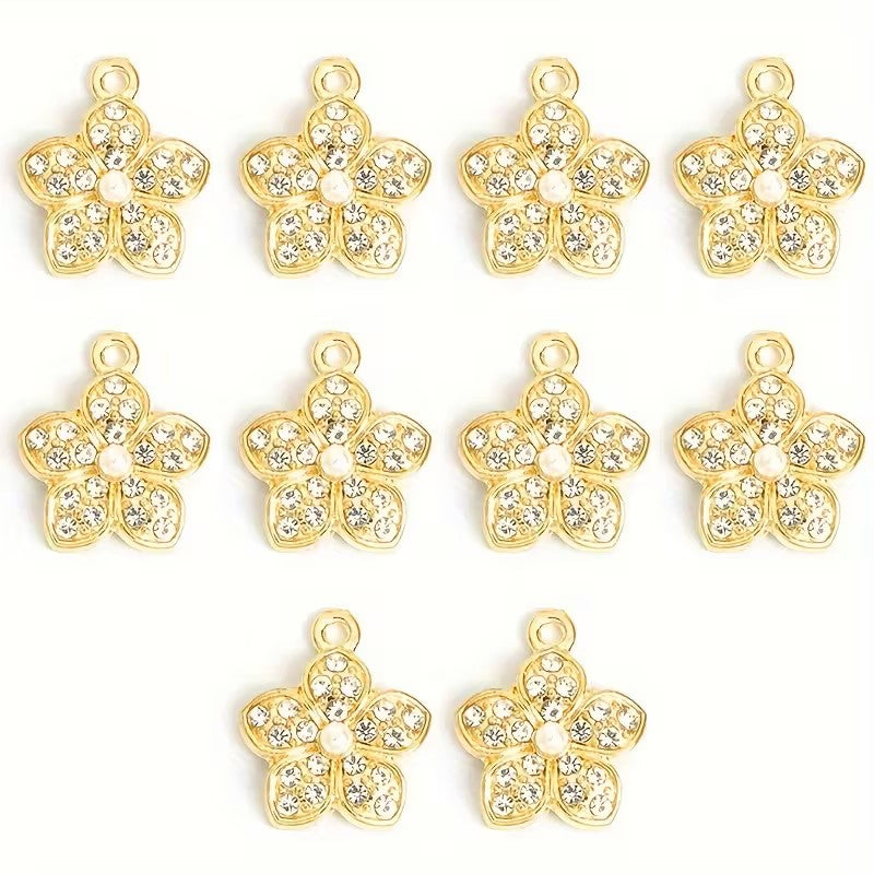 Pandantiv floare cu cristale si perla 17x15mm auriu