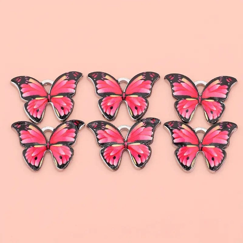 Pandantiv fluture argintiu emailat roz si negru 16x22mm