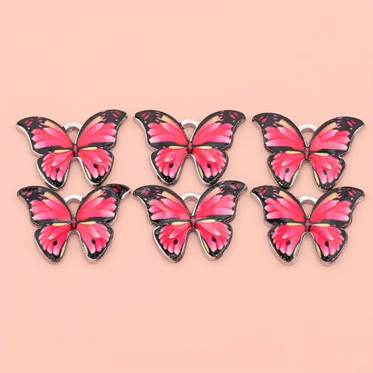 Pandantiv fluture argintiu emailat roz si negru 16x22mm